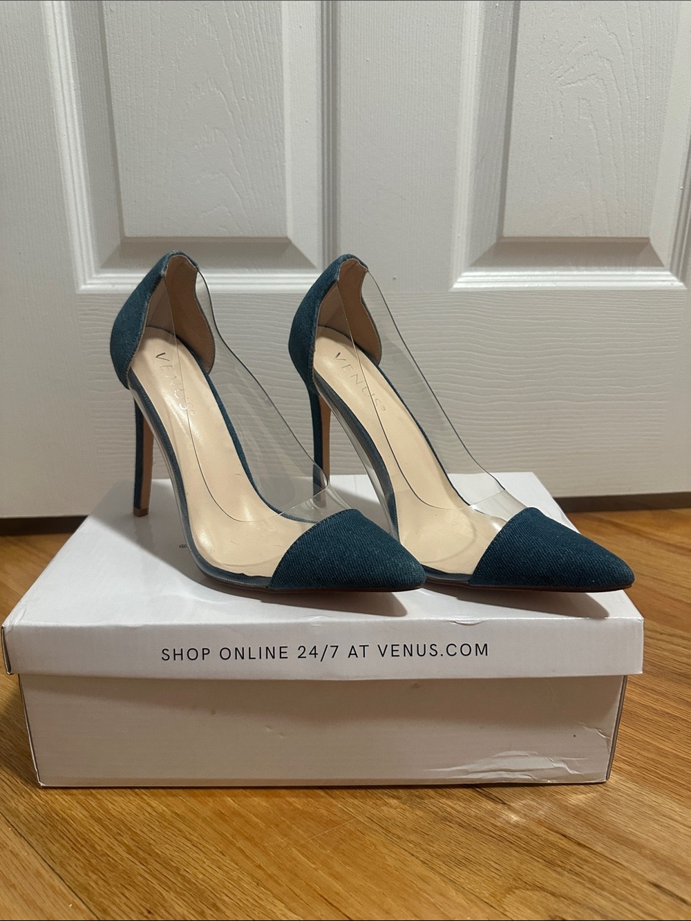 VENUS Teal Pointed-Toe Clear-Sided Stiletto Heels